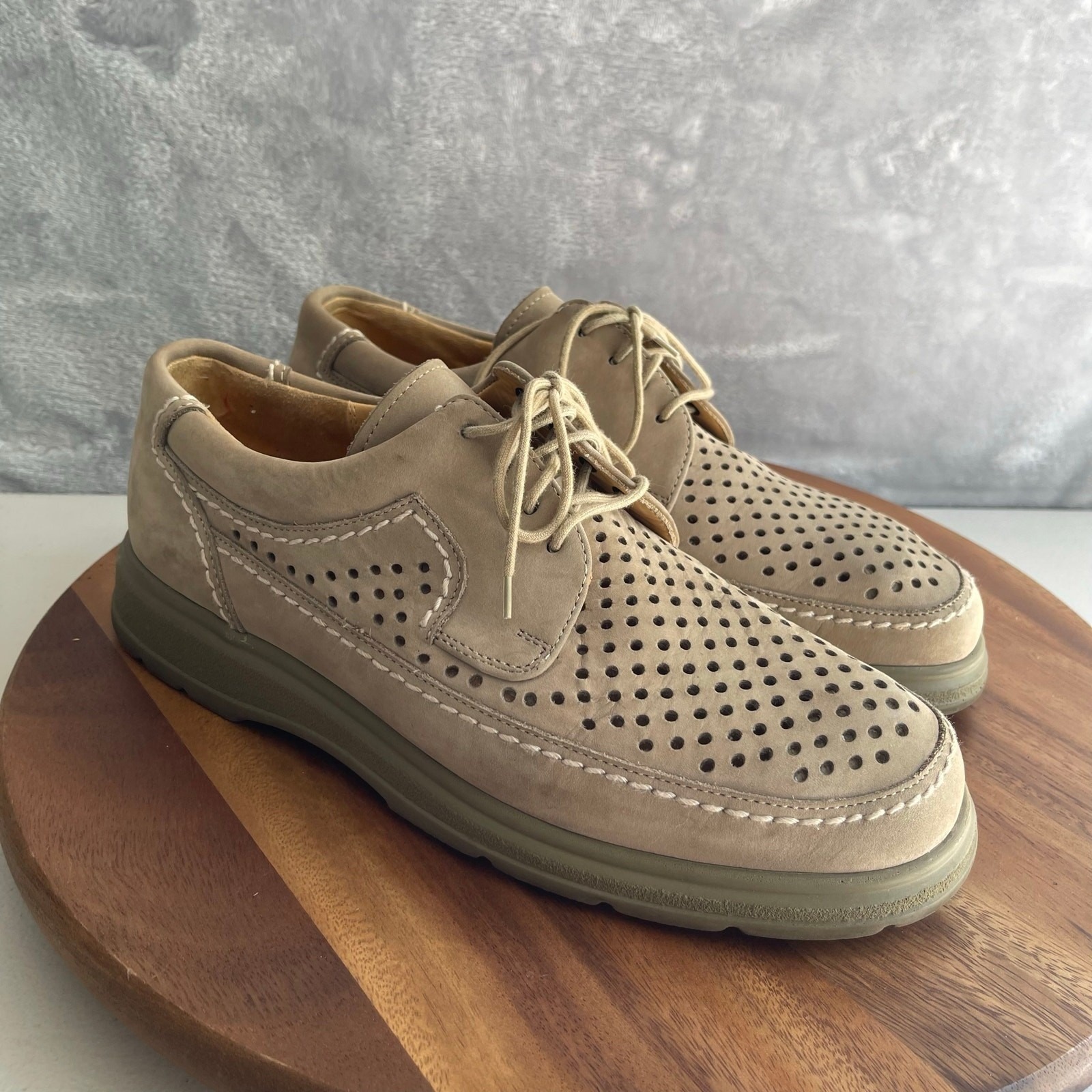 Manz Shoes Uk 7.5 G Beige Tan Suede Perforated Lace Up Comfort Oxford Germany